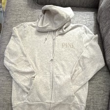 Victoria's Secret PINK Gray Logo Fleece Full Zip Hoodie Pockets Women's M
