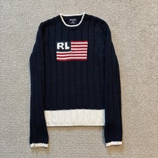 Polo Ralph Lauren Women  s American Flag Sweater Size S Blue White Trim Cotton