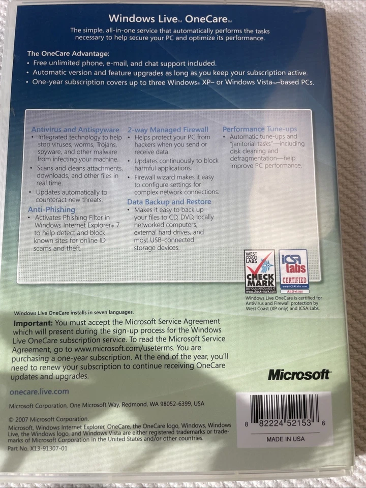 Windows Live One Care Microsoft Antivirus CD ROM XP/Vista - Image 2 of 2