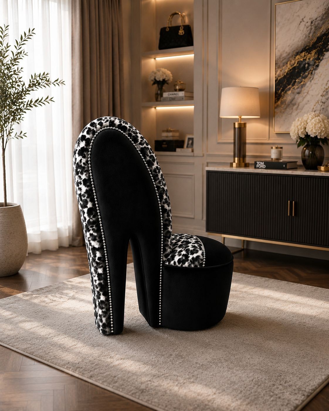 Sedia scarpa tacco alto lusso nera peluche e stampa leopardata delle nevi | dichiarazione glam foto 2