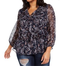 1.STATE Navy Lyrical Paisley Print Long Sleeves V- Neck RuffleTop- Size XL -NWT