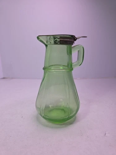 Vintage Hazel Atlas Green Uranium Depression Glass Syrup Pitcher w Lid 6” Tall