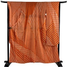 JAPANESE KIMONO FURISODE Orange 161cm 5 ft 3 in PURE SILK AA8541