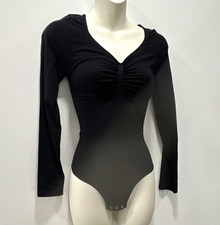 Women's Black Long Sleeve Ruched Stretch Bodysuit One Piece, Size M
