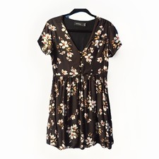 Mink Pink Women's Chocolate Floral Short Sleeve Fit Flare Mini Dress Medium