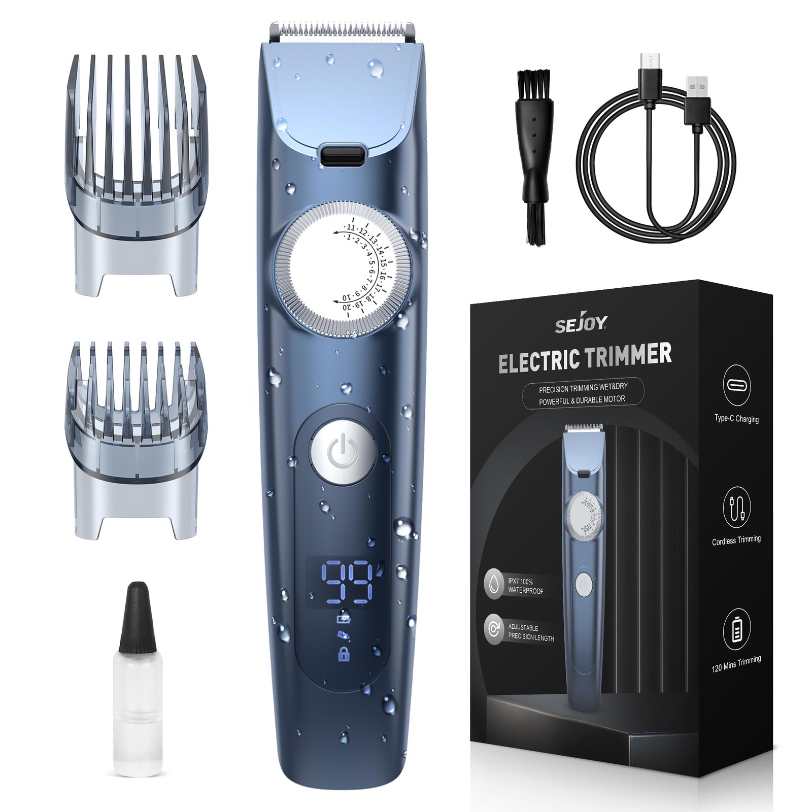 Cordless Hair Clipper for Men Women Kids - Blue LED Display Trimmer  