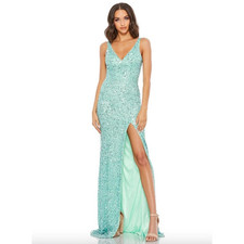 Mint Green V Neck Evening Gowns Sequin Seafoam Green NEW Slit Prom Gowns
