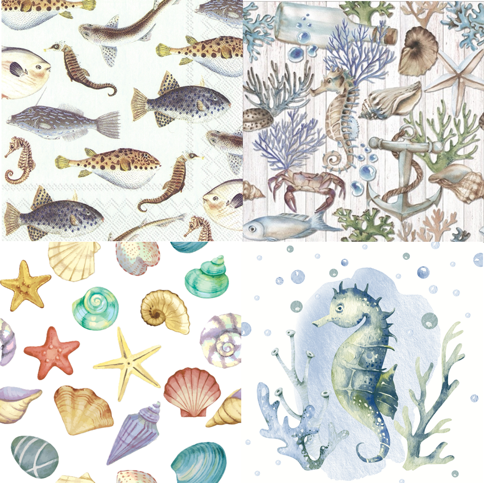 4 x MIXED SET/Paper Napkins/33cm/3Ply/Decoupage/Sea World/Sea Creatures/Shells