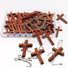 Wooden Pocket Cross - 70 Charms  70 Chains, Natural Wooden Pendants