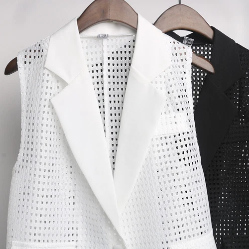 Lady Hollow Out Mesh Gilet Vest Loose Lapel Sleeveless Waistcoat Jacket Tops - Foto 10 di 17