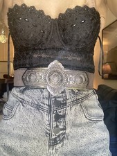 Vtg metal buckle grey suede silver etruscan 70  s 80  s belt kirk judith goth punk