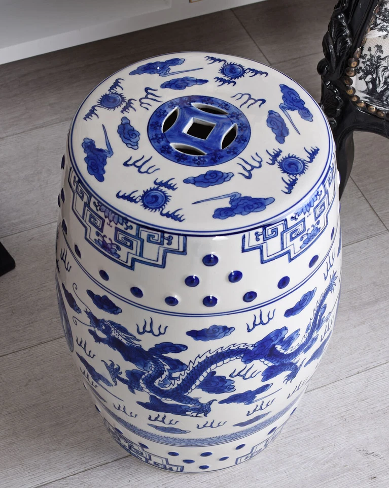 China Gartenhocker Keramik Hocker Drache Chinoiserie Sitzhocker Blau Feng Shui - Bild 4 von 4