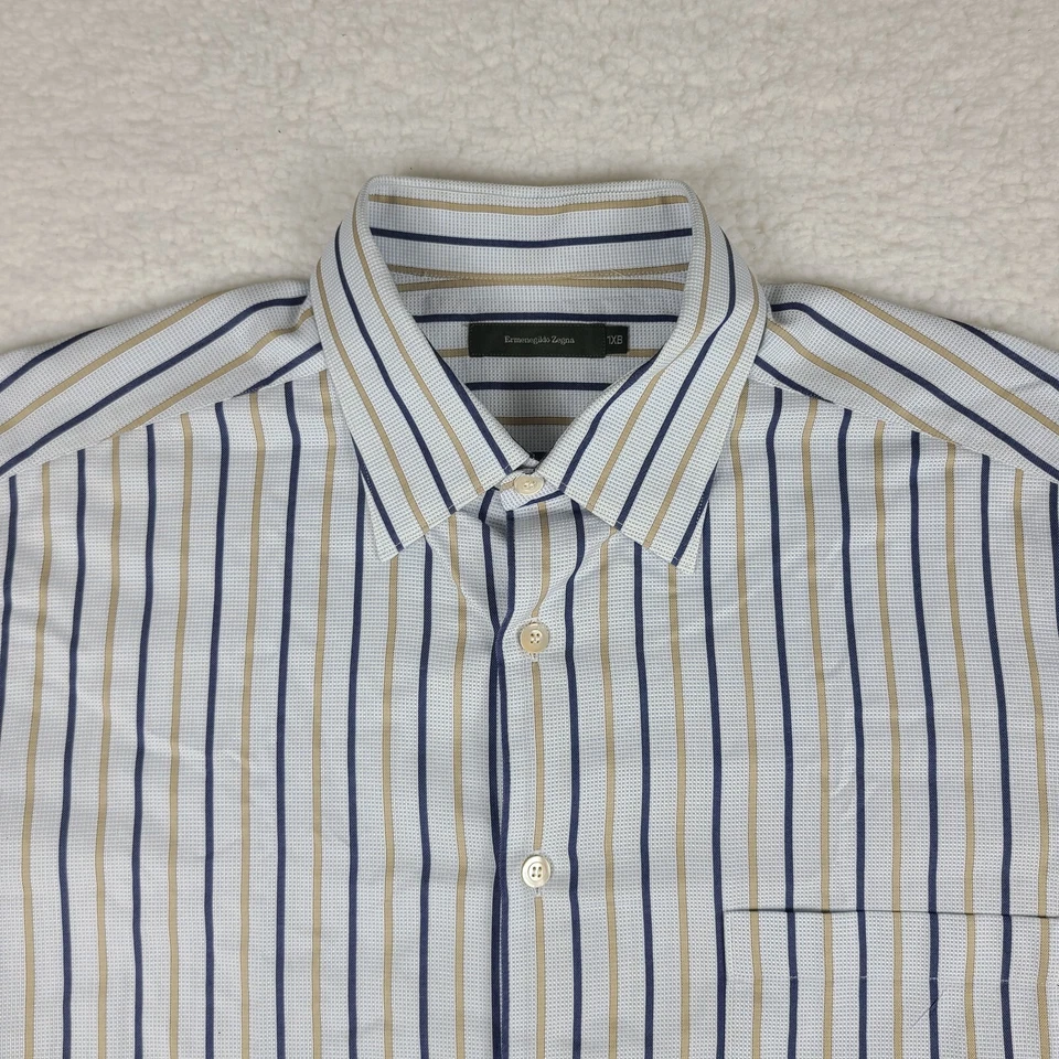 Camisa Ermenegildo Zegna Para Hombres 1XB XL GRANDE Azul Marrón Rayas Vestido Abotonado Foto 3 de 4