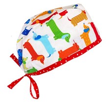 Colorful Weiner Dog w Red Ties Doctor Nurse Scrub Cap Hat RN