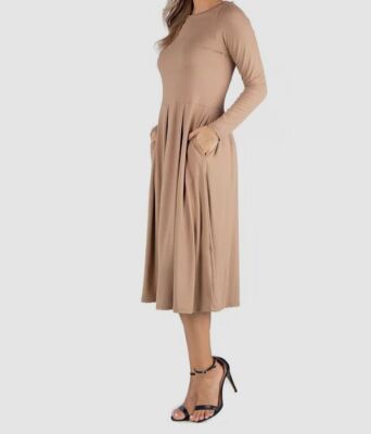 24seven Comfort Apparel Women's Midi Length Fit and Flare Dress - Wheat - S 24seven Comfort Apparel Women's Midi Length Fit and Flare Dress - Wheat - S