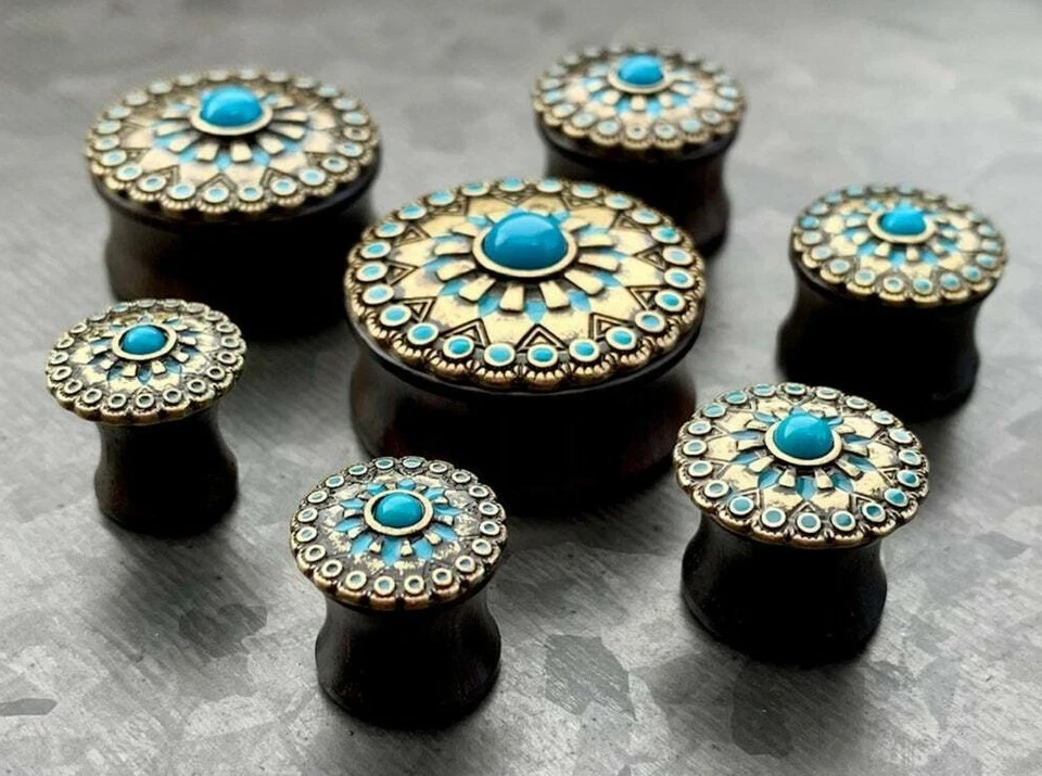 一对绿松石珐琅古董黄金部落太阳乌木塞耳环仪表 — 第 4/4 张图片