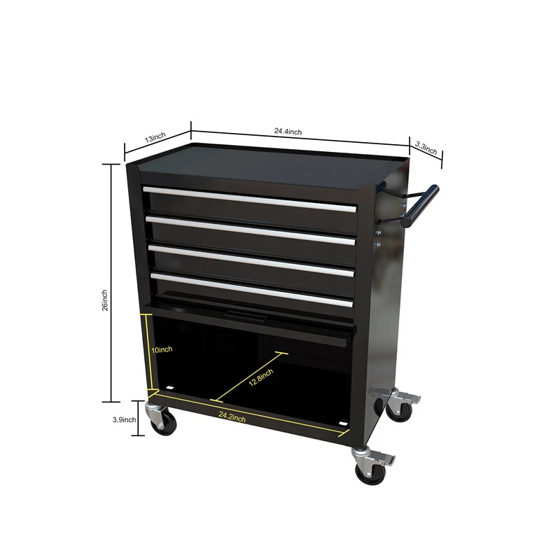 4-Drawer Rolling Tool Box Cart Tool Storage Cabinet Tool Chest w/ Tool Set Black - Image 2 of 4