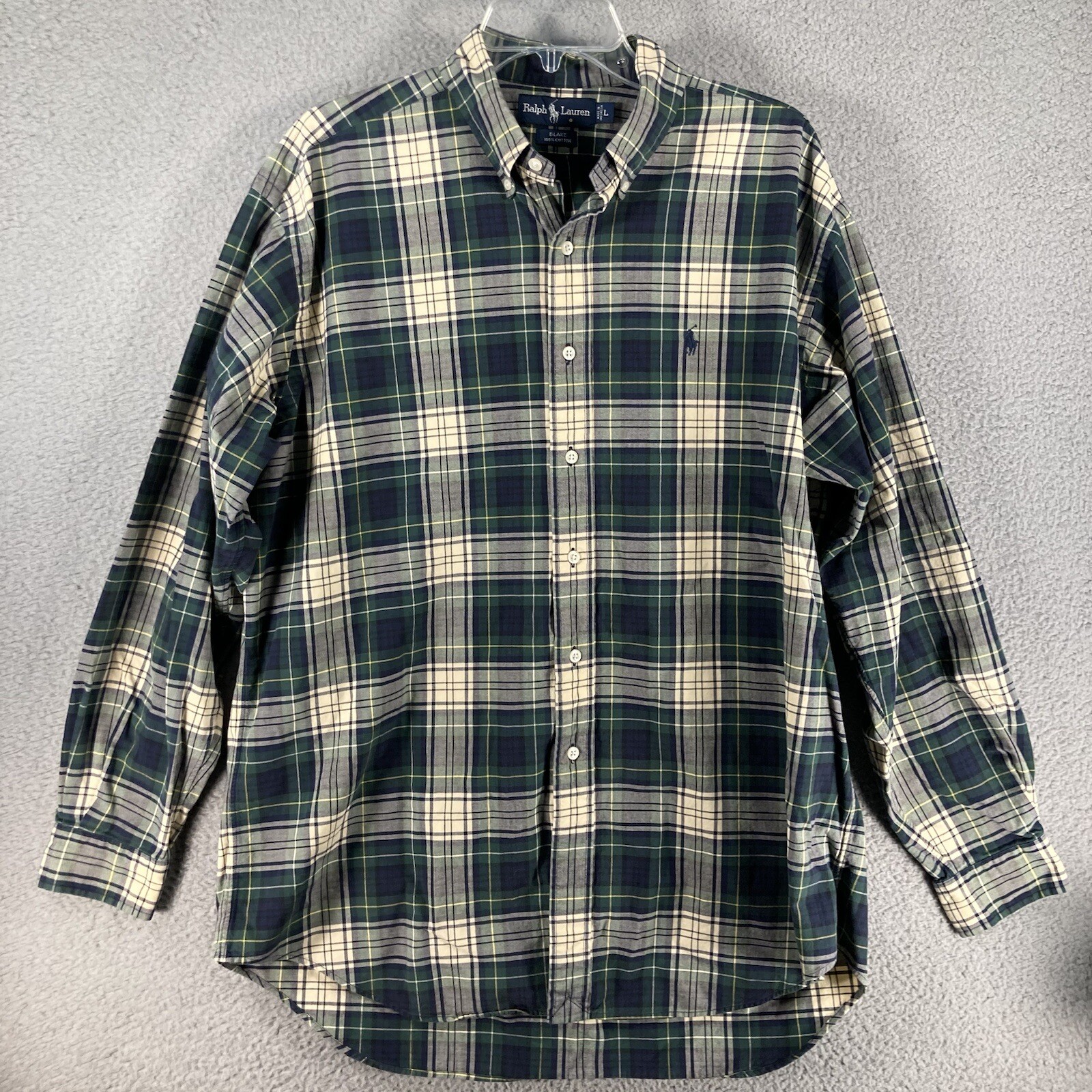 Ralph Lauren Shirt Men's Large Green Plaid Blake 100% Cotton Long Sleeve Button