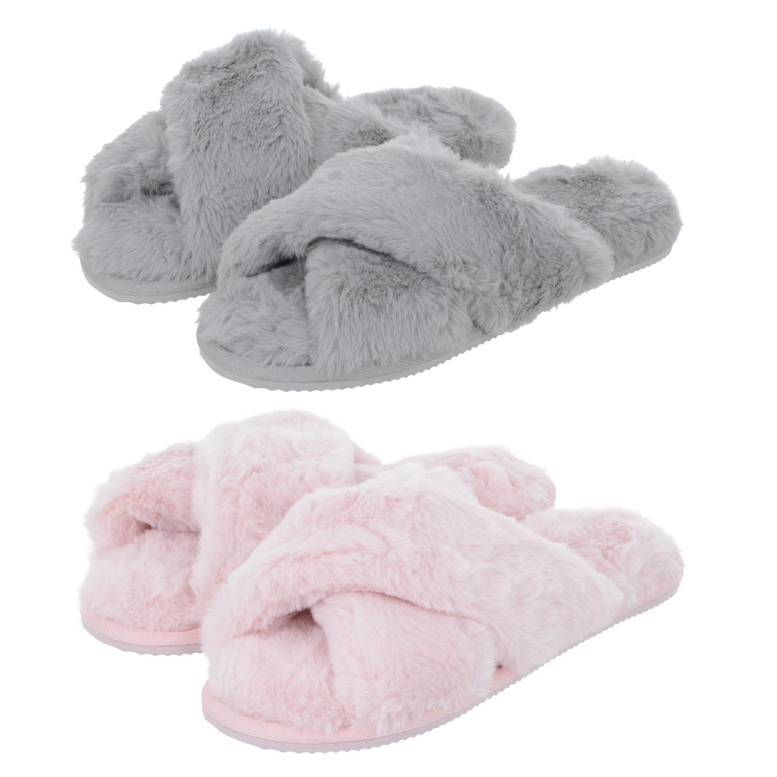 Ladies Womens Slippers Mules Cross Over Faux Fur Sliders Rigid Sole