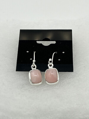 Natural Pink Opal Gemstone Dainty Rectangles Sterling Silver Dangle Earrings