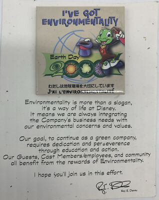 Disney Pin Jiminy Cricket Earth Day 2000 I've Got  Environmentality W/ Brochure