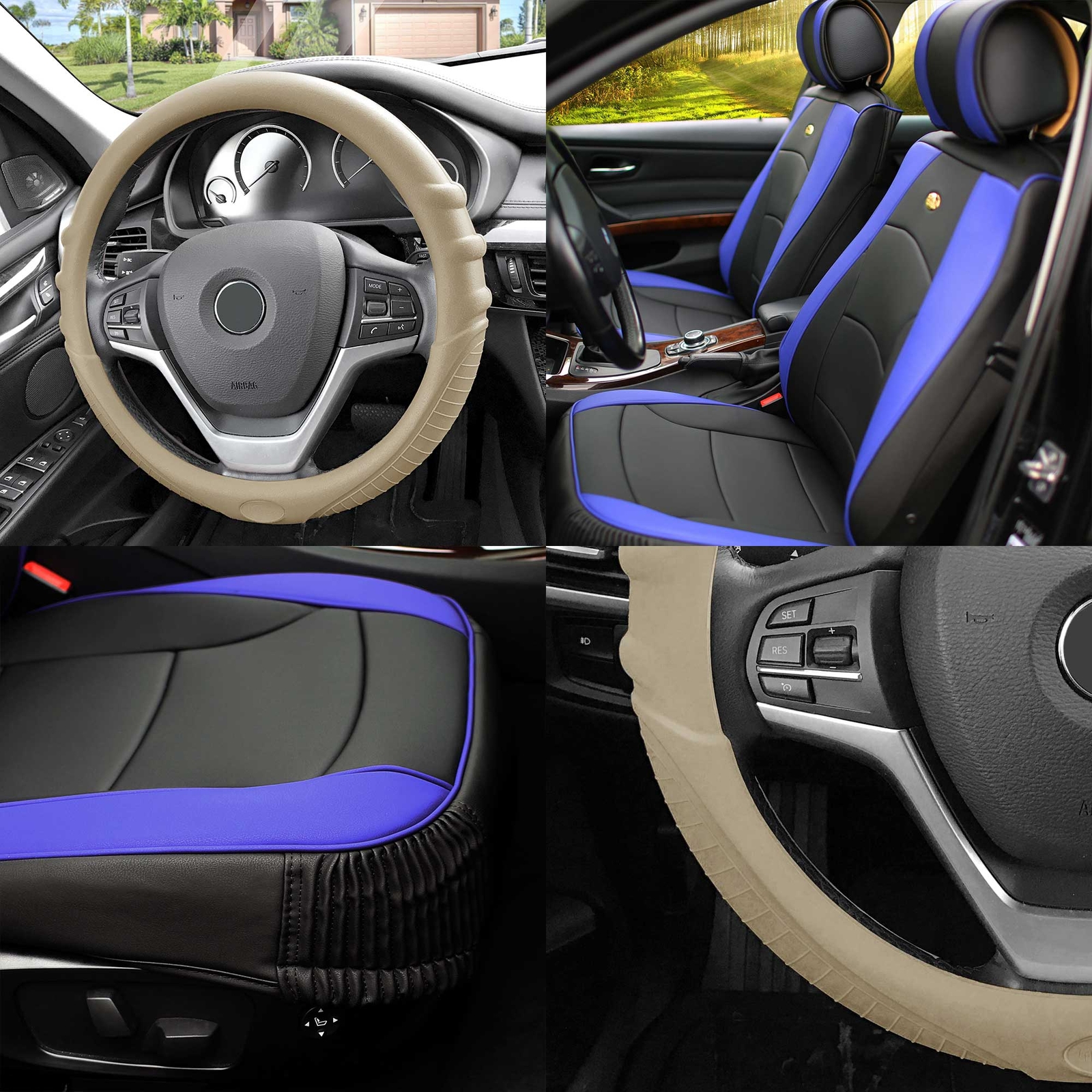 Leatherette Seat Cushion Covers Black Blue w/ Beige Steering Cover For Motors
