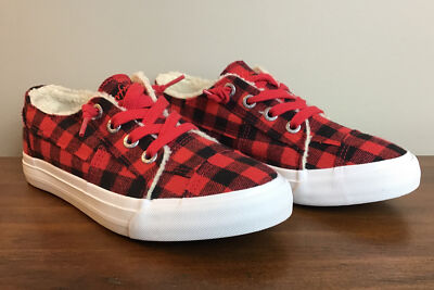 NEW Blowfish Malibu Women's Slip On Sneakers Red Buffalo Check Plaid Laces 7.5