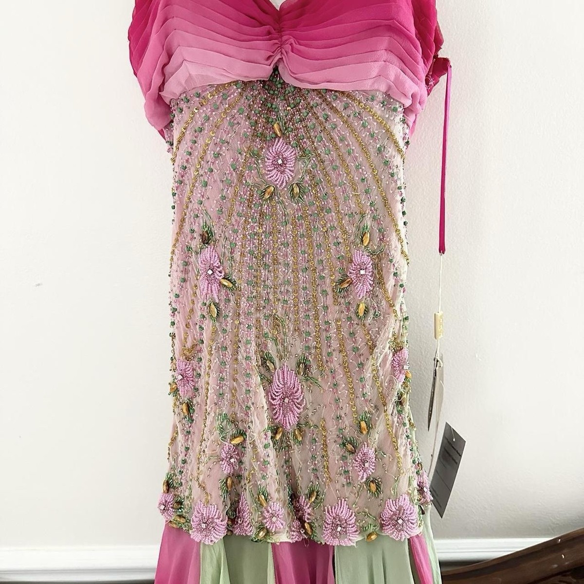 Vintage 90s Pink and Green Silk Designer Fairy Gown Dress