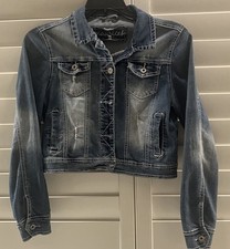 Maurices Women's Blue Distressed Denim Jacket Collared Pockets Button Medium