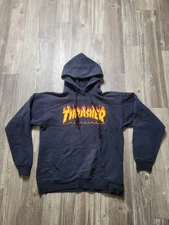 Thrasher Hoodie Mens Small Black Flame Logo Skateboard Pullover Sweatshirt Skate