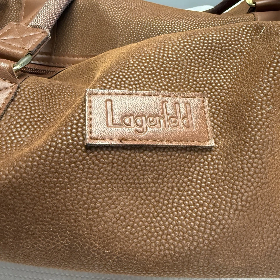 Karl Lagerfeld Vintage Big Brown Leather Duffle Weekender Travel Bag Handle - Image 2 of 4