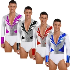 Mens Leotard Samba Dancewear Salsa Bodysuit Patchwork Metallic Figure Skating