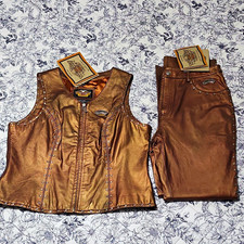Vintage 2003 Harley Davidson Siren Copper Leather Vest Xl Pants 14 Matching Set Vintage 2003 Harley Davidson Siren Copper Leather Vest Xl Pants 14 Matching Set