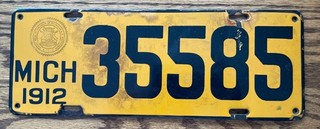 1912 Michigan Porcelain License Plate Vintage Original Early Auto Plate