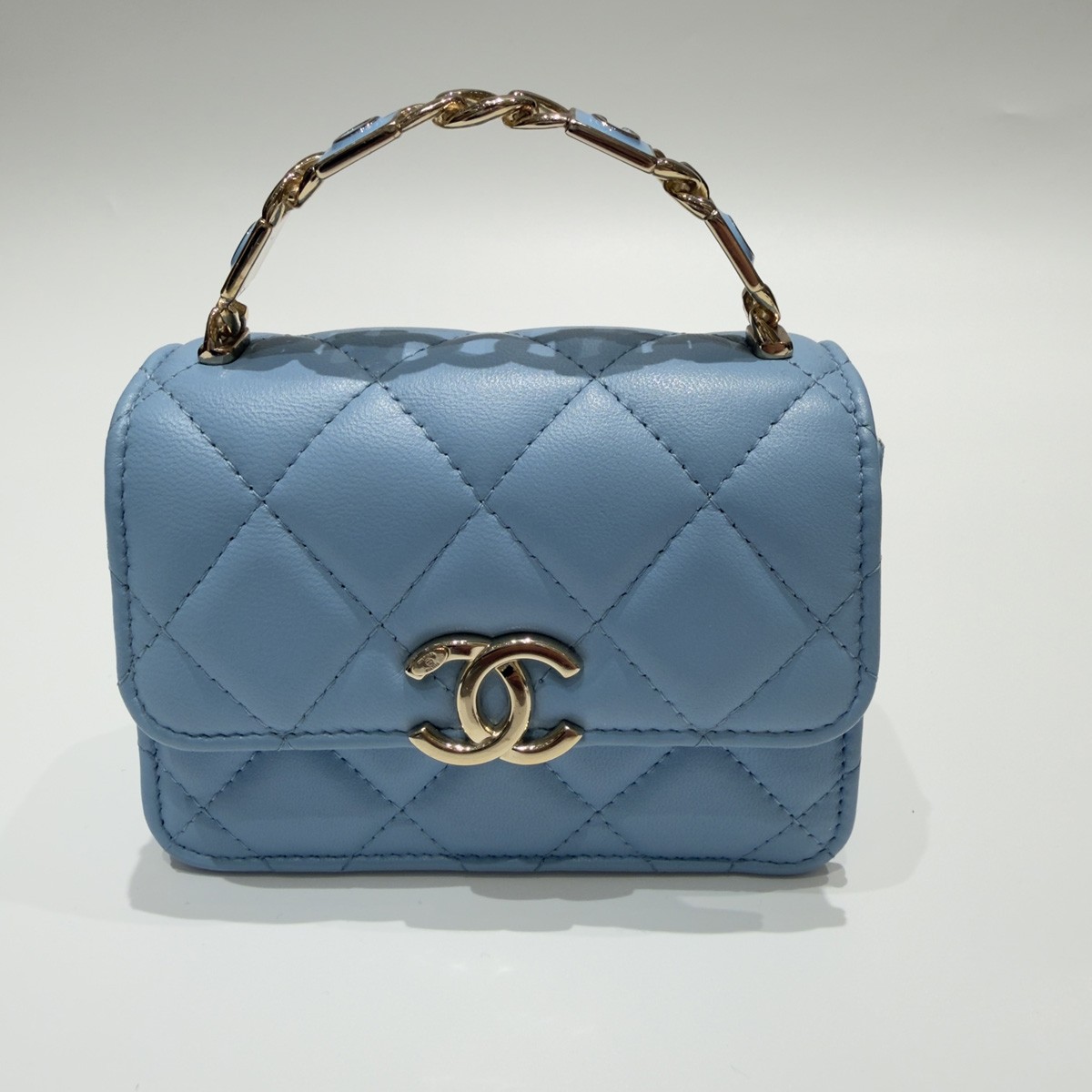 Chanel Baby Blue Lambskin Bag Enamel Top Handle Gold Tone Hardware Crossbody