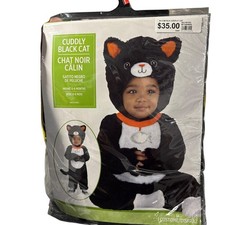 Cuddly Black Cat Costume Infant Halloween Jumpsuit Hood Detachable Tail 0-6 Mo