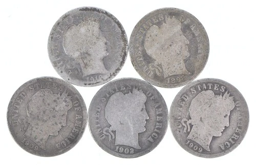 Better Lot 5 1910-D 1898 1909-O 1902-O 1909-O Barber Dime 0.50 Face *198