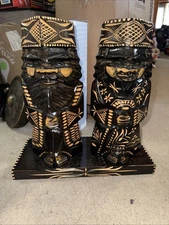 Japanese Ainu Wooden Doll Nipopo Carving Pair Hokkaido Folk Craft Antique Used