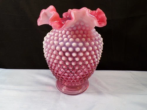 Fenton Cranberry Opalescent Hobnail Glass Double Crimped Vase 7 3/4" Tall INV3