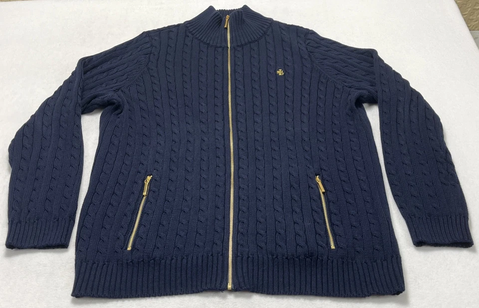 Lot Of 2-Lauren Ralph Lauren Tan/Navy Cable Knit Cotton Sweaters Women’s 1X - Image 2 of 4