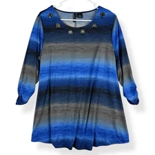 New Directions Tunic Top Womens L Large Blue Gray 3/4 Ruched Sleeve Grommet