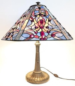 Antique Bradley & Hubbard Stained Glass Lamp, 22″H, PA6885