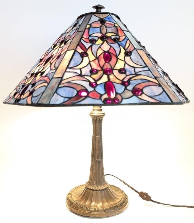 Antique Bradley & Hubbard Stained Glass Lamp, 22″H, PA6885