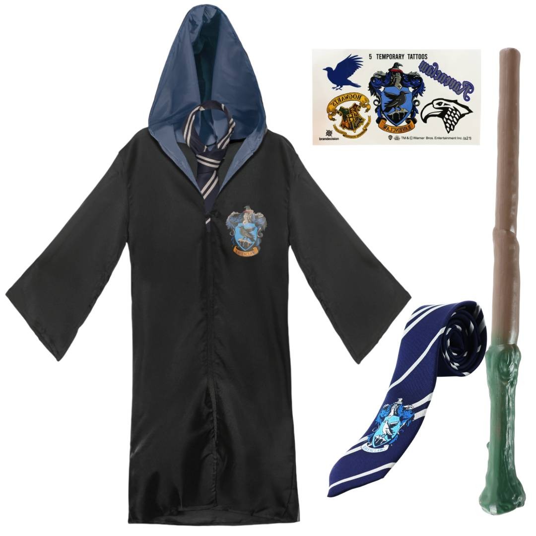 Harry Potter Ravenclaw Adulto Disfraz Oficial Bata Conjunto Corbata Varita Tatuajes
