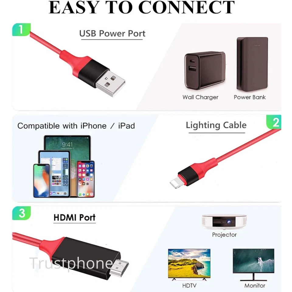 1080P HDMI Mirroring Cable Phone to TV Adapter For iPhone 13 12 8 Samsung iPad - Image 3 of 4