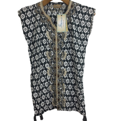 Skemo Kids Ikat Shell Tassle Embroidered Sleeveless Beads String Short Kaftan M