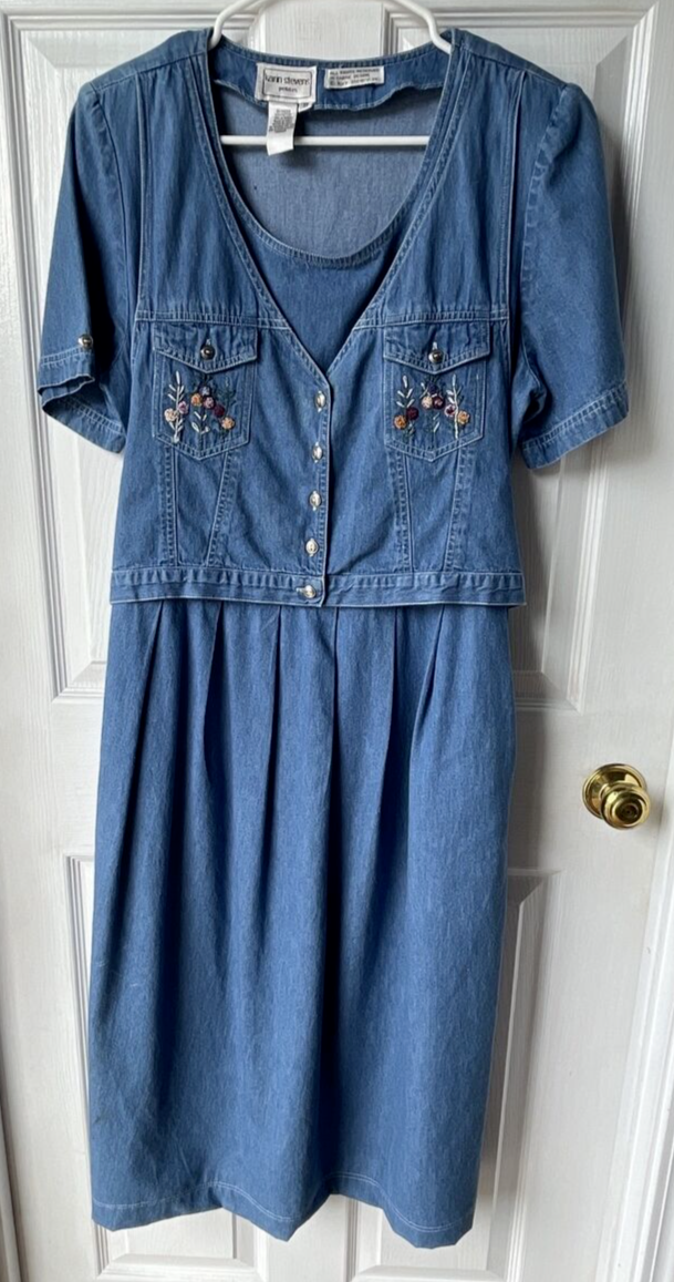 Vtg 90s Denim Maxi Dress Sz 12 Petite Blue Embroidered Vest Button Front Prairie