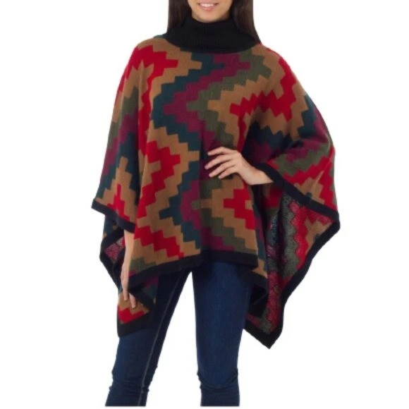 Novica Alpaca Wool Blend Pyramids Geometric Pattern Earth Tone Sweater Poncho OS
