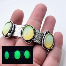 Uranium Glass Cuff Bracelet Yellow Opal Hammered Silver Tone