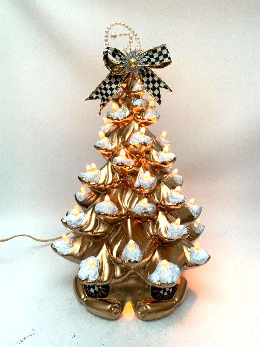 Gold Ceramic Tabletop Christmas Tree w/Snow Mackenzie Childs